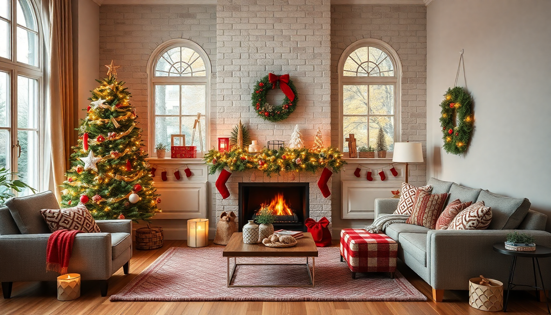 Cozy living room with realistic artificial holiday decor