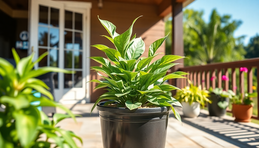 A UV-resistant faux potted plant on sunlit patio