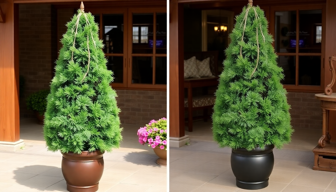 Side by side comparison of artificial and real cedar topiaries