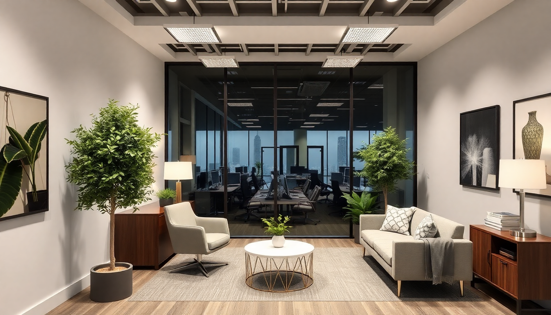 Elegant faux trees beautifying a modern office space