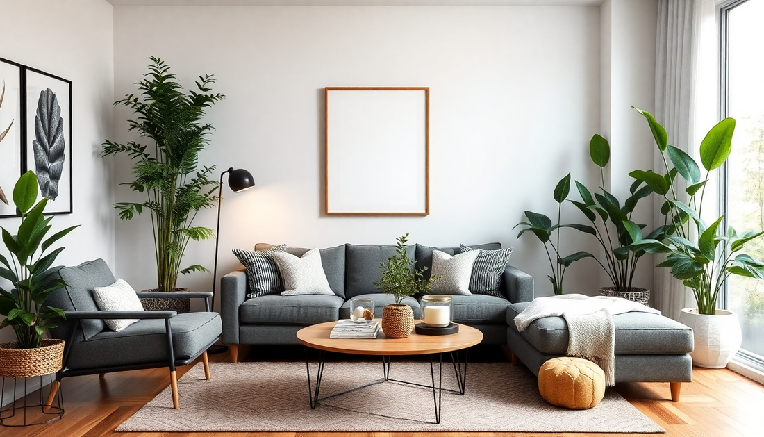 A stylish living room decorated with artificial plants