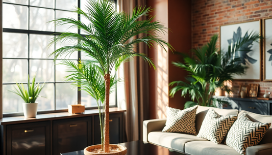 Realistic faux palm tree in stylish indoor decor setting