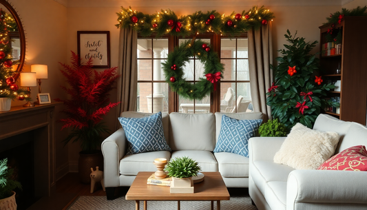 A cozy room decorated with vibrant faux holiday plants