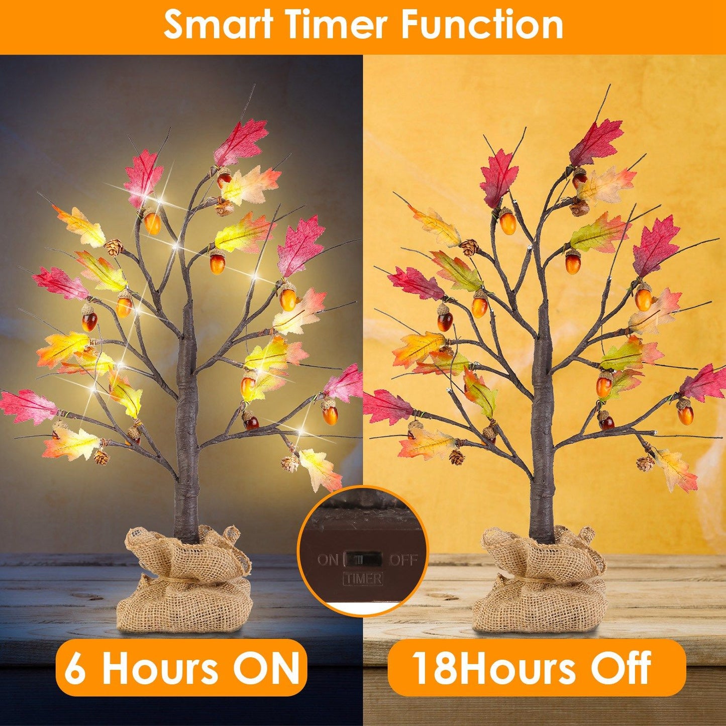 Faux autumn tree with LED lights and colorful leaves featuring a smart timer function with 6 hours on and 18 hours off
