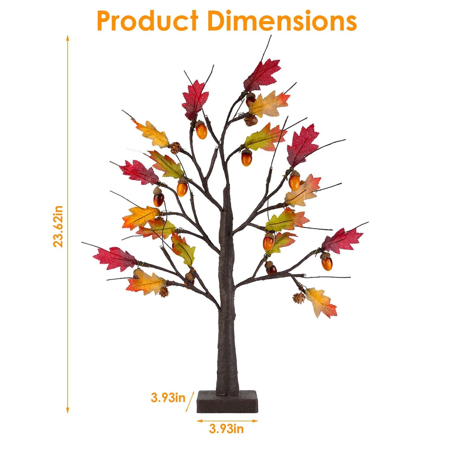 FauxMart artificial autumn tree with colorful leaves and acorns measuring 23.62 inches tall and 3.93 inches wide