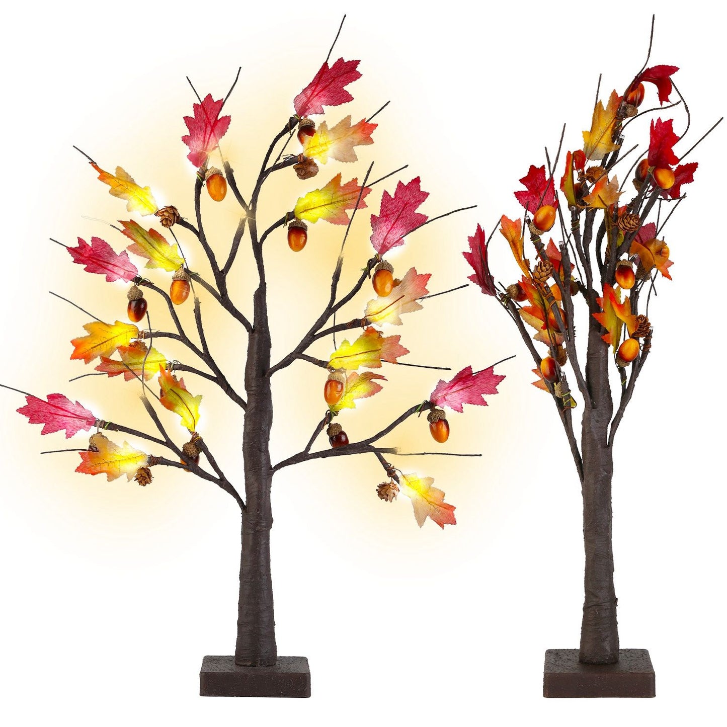 FauxMart autumn LED lighted decorative trees with colorful fall leaves and acorns for seasonal decor
