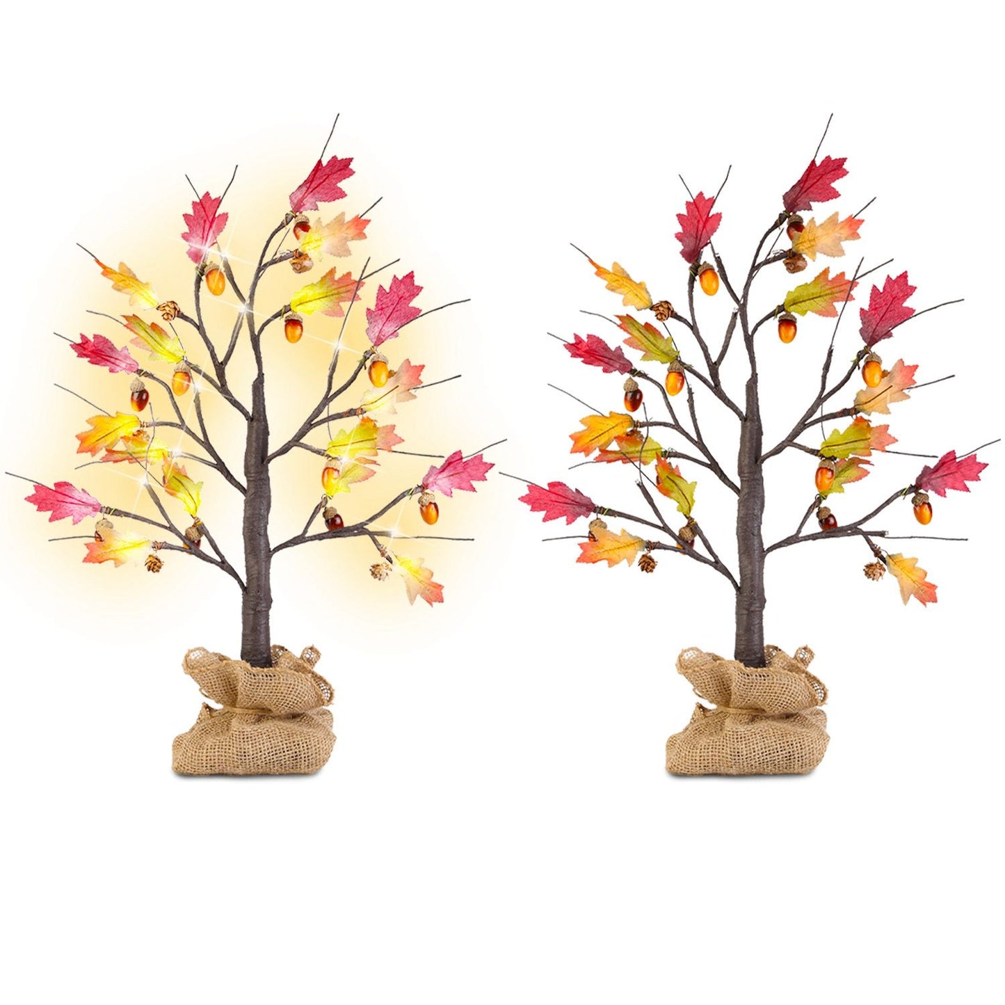 FauxMart.com autumn LED lighted decorative tree with colorful fall leaves and acorns wrapped in burlap base
