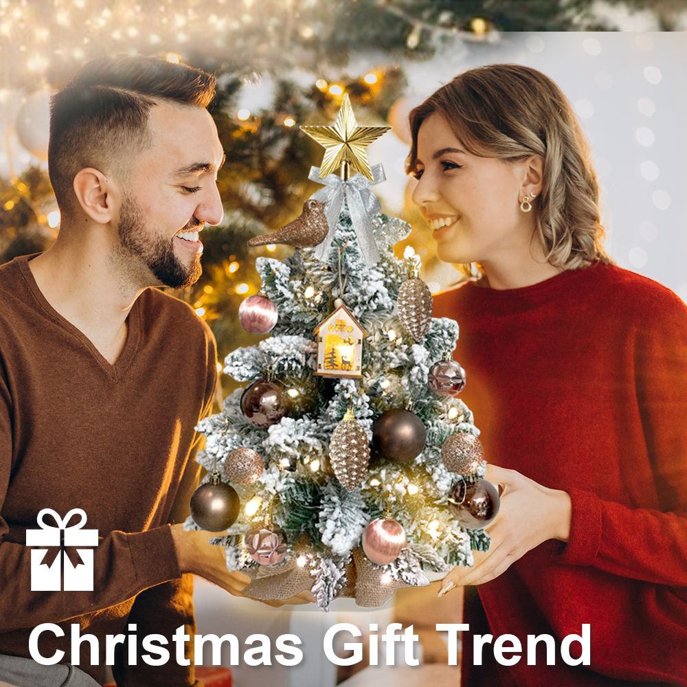 Couple holding 22 inch artificial Christmas tree silver decorated with ornaments and star topper