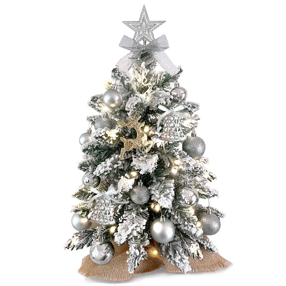 22 inch artificial Christmas tree silver with frosted branches, silver ornaments, and warm white lights