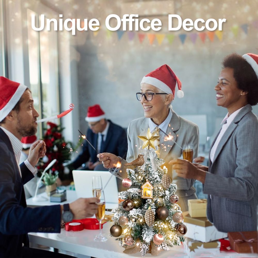 22 inch artificial Christmas tree silver with lights and ornaments on office desk during holiday celebration