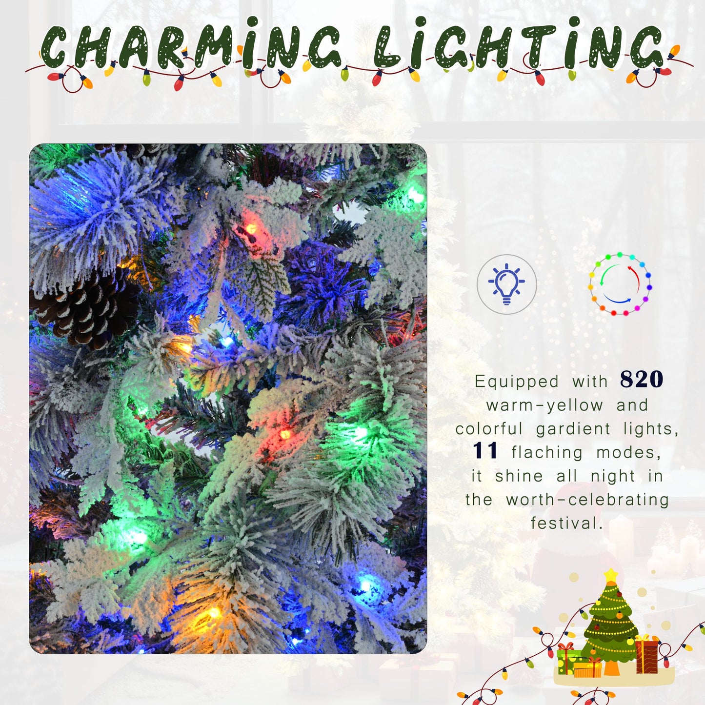 Close-up of 4ft pre-lit snow flocked Christmas tree branches with colorful gradient lights from FauxMart.com