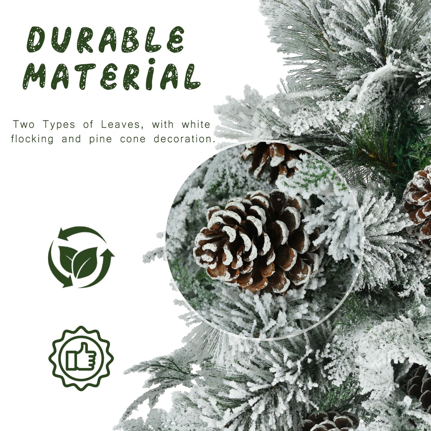 Close-up of pine cone and white flocking on 4ft pre-lit snow flocked Christmas tree from FauxMart.com