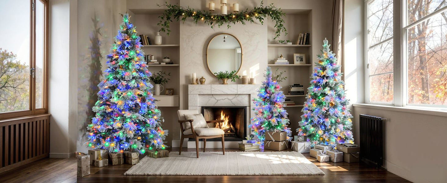 4ft pre-lit snow flocked Christmas tree decorated with multicolor lights in a cozy living room