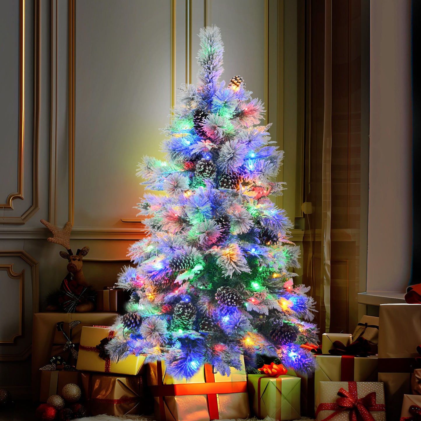 4ft pre-lit snow flocked Christmas tree with multicolor lights and pinecone decorations from FauxMart.com