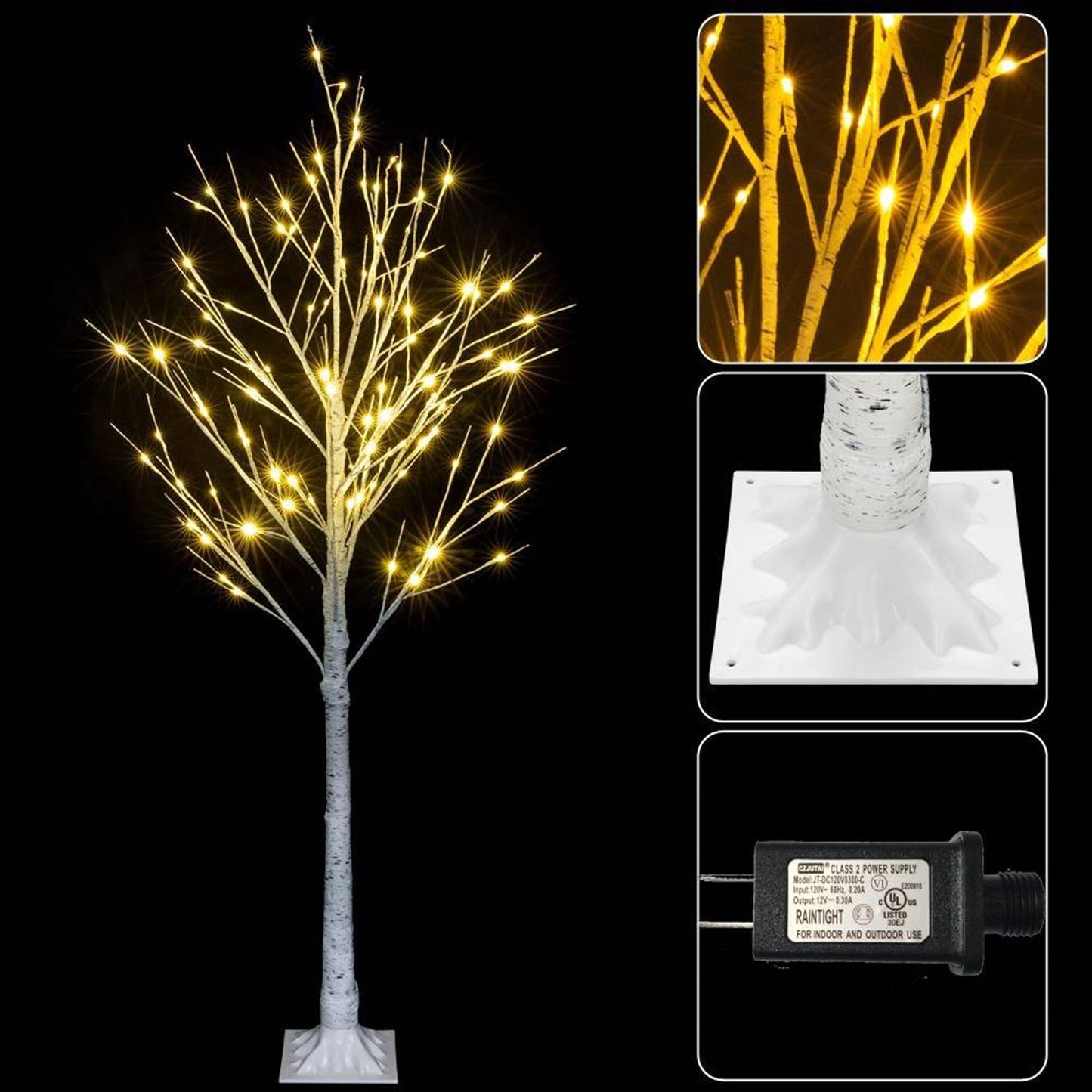 4ft snowflake Christmas tree with lights by FauxMart.com featuring warm white LED branch lights and sturdy white base