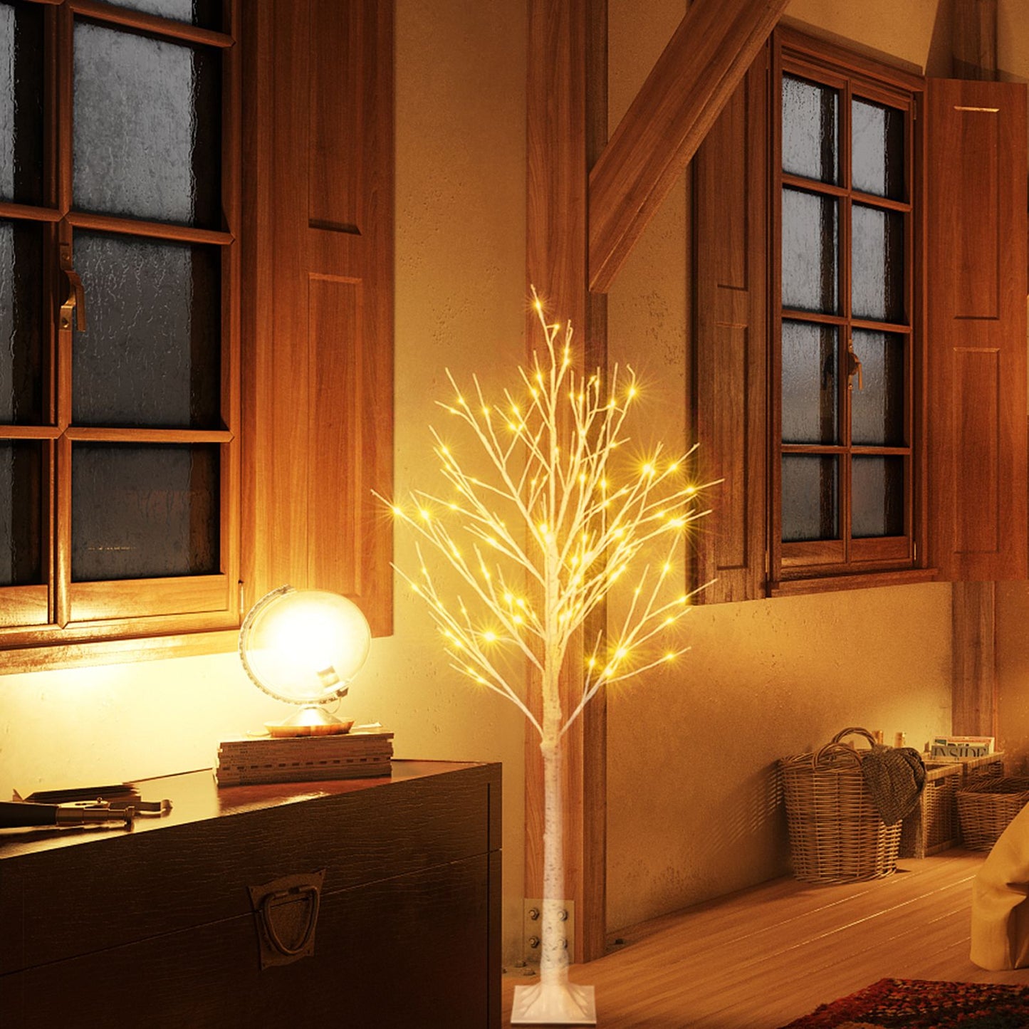4ft snowflake Christmas tree with lights glowing warmly in cozy wooden interior