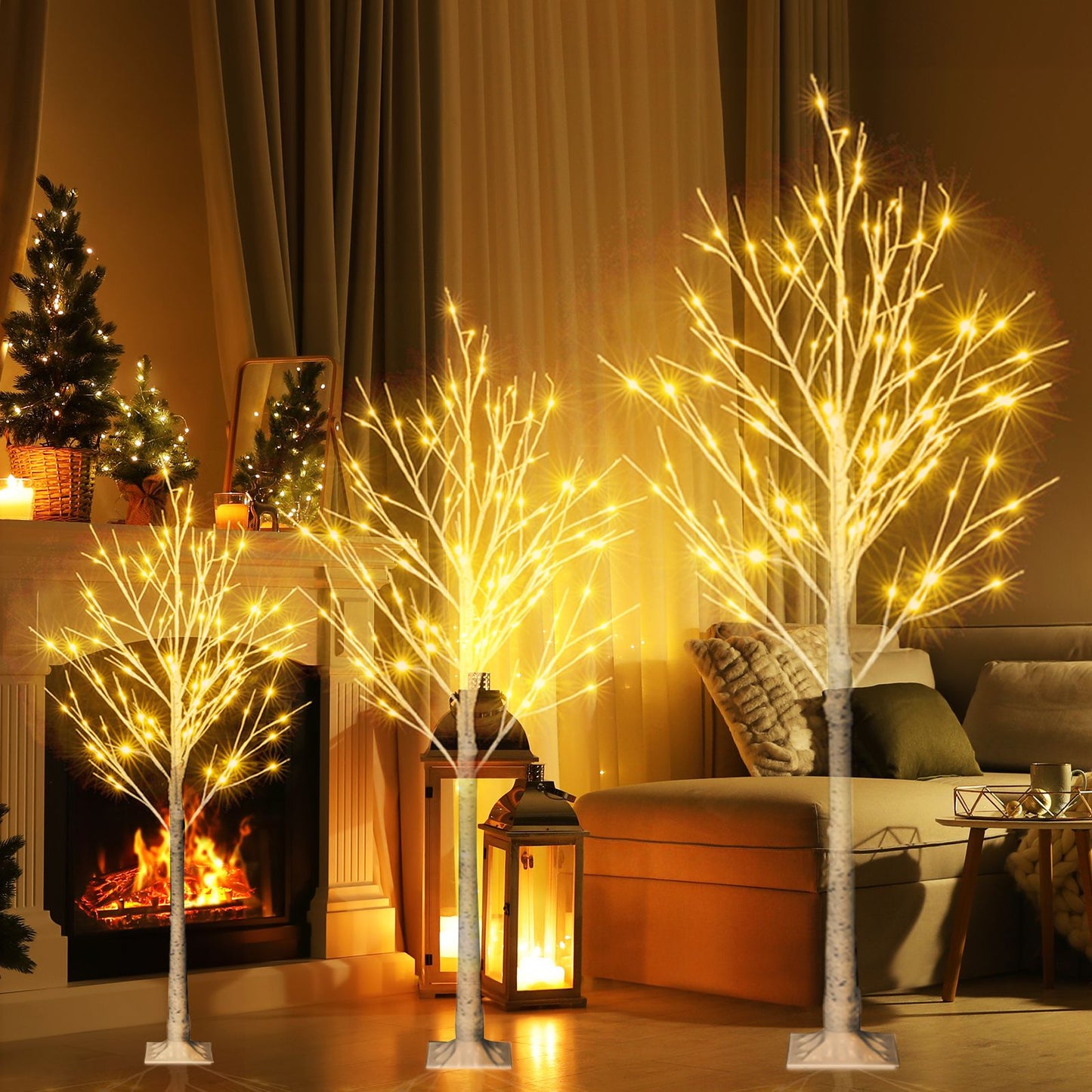 4ft snowflake Christmas tree with lights glowing warmly in a cozy living room setting