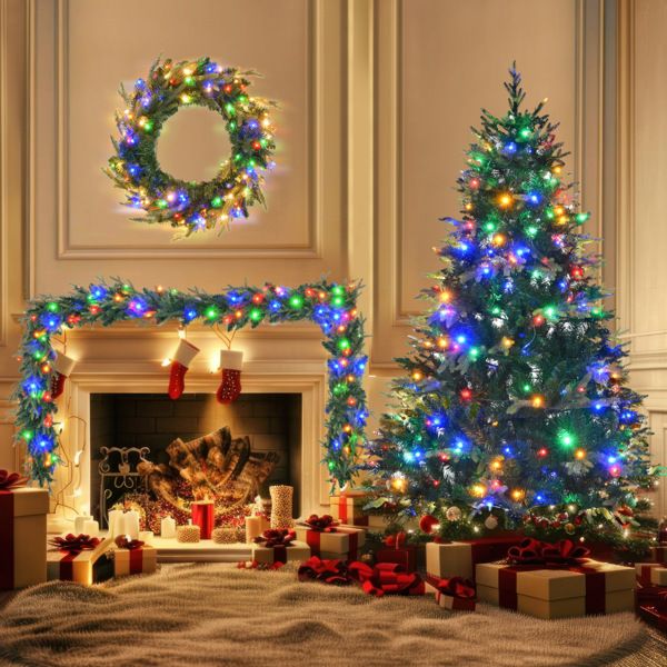 6ft pre-lit Aspen fir Christmas tree decorated with colorful lights and gifts underneath