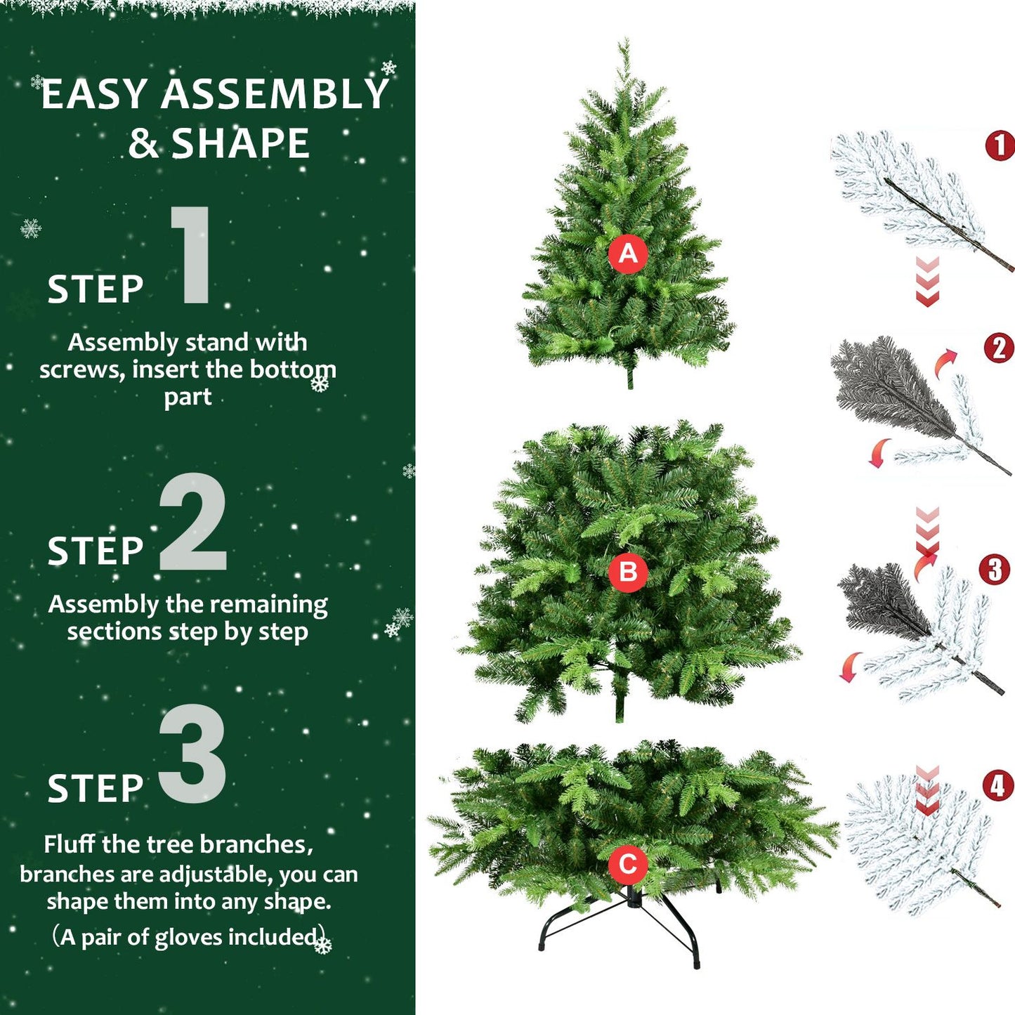 Instructions for assembling a 6ft pre-lit Christmas tree with adjustable branches and easy shape features