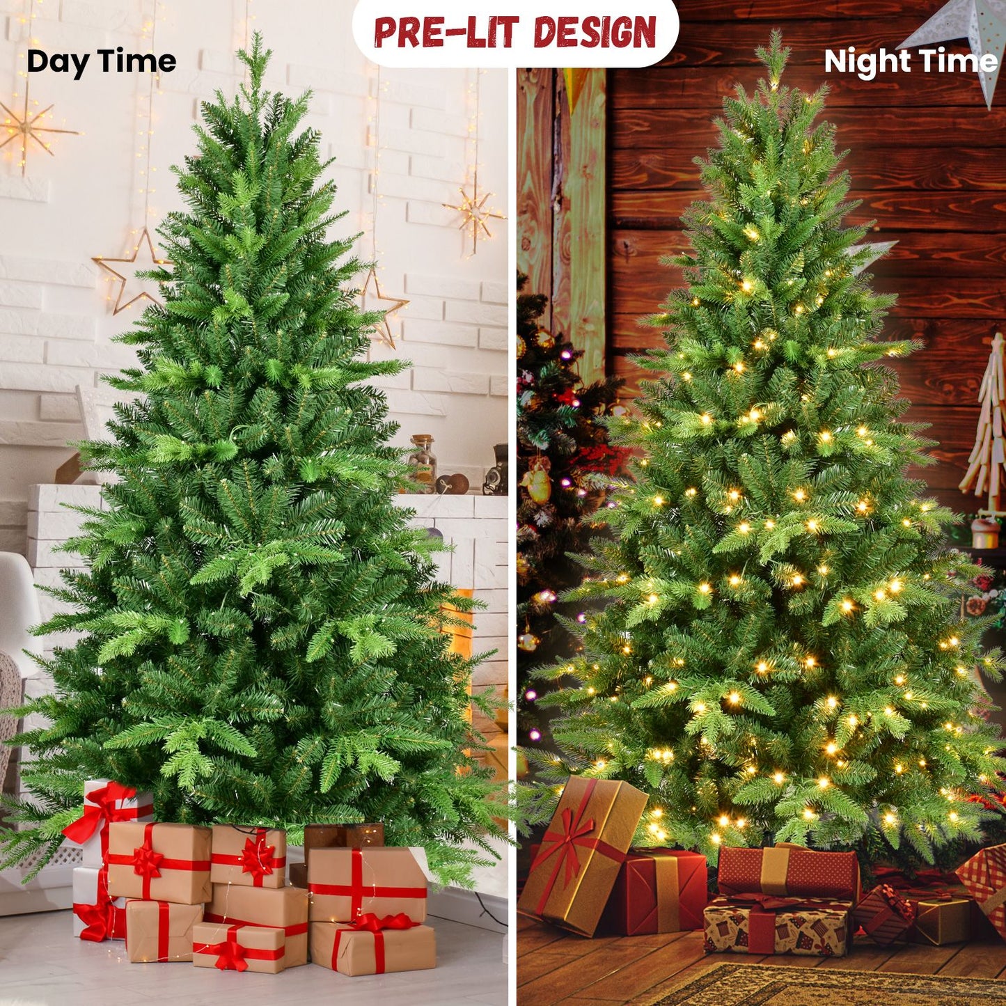 6ft pre-lit Christmas tree displayed in day and night time settings with gifts underneath