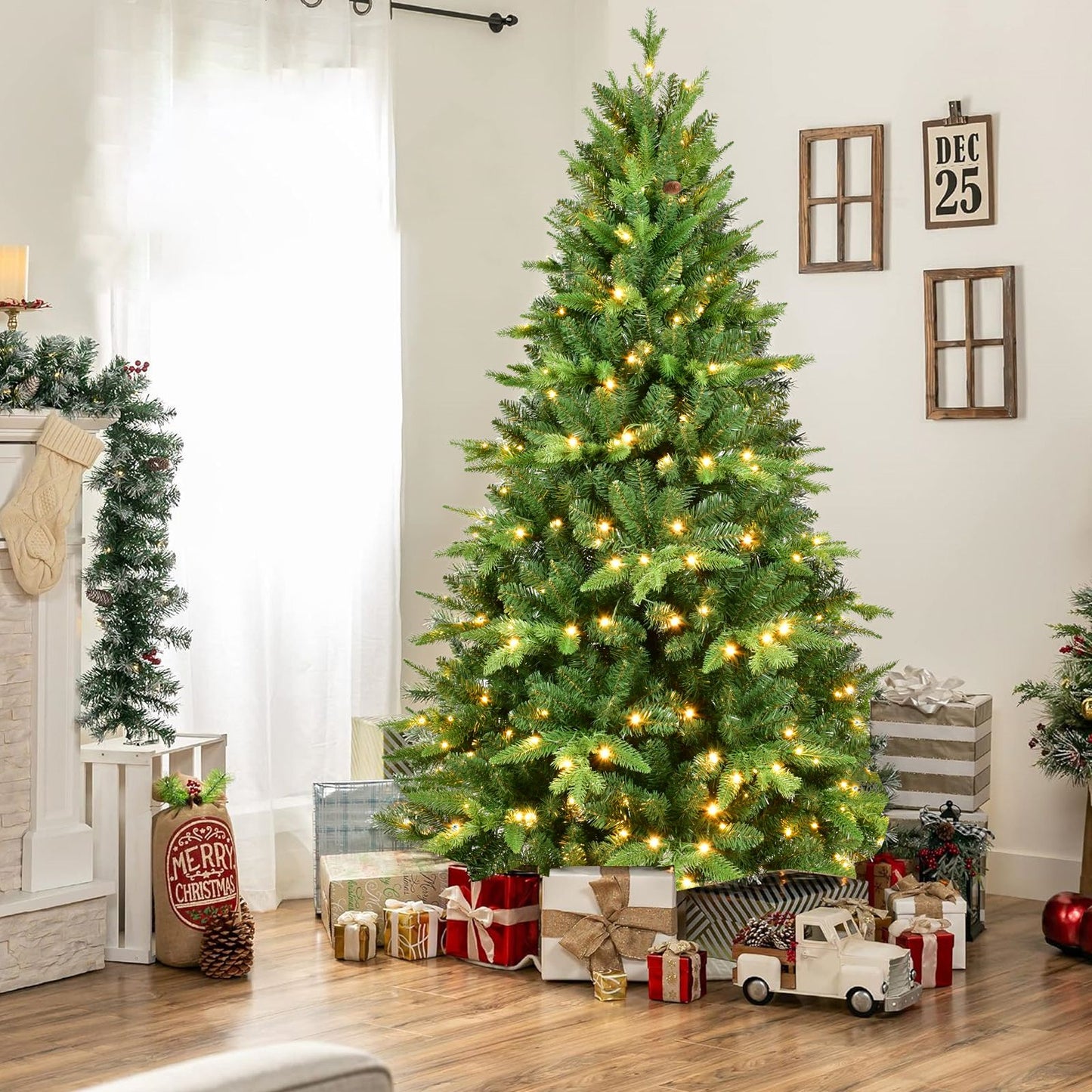 6ft pre-lit Christmas tree decorated with warm lights, surrounded by gifts in a cozy living room