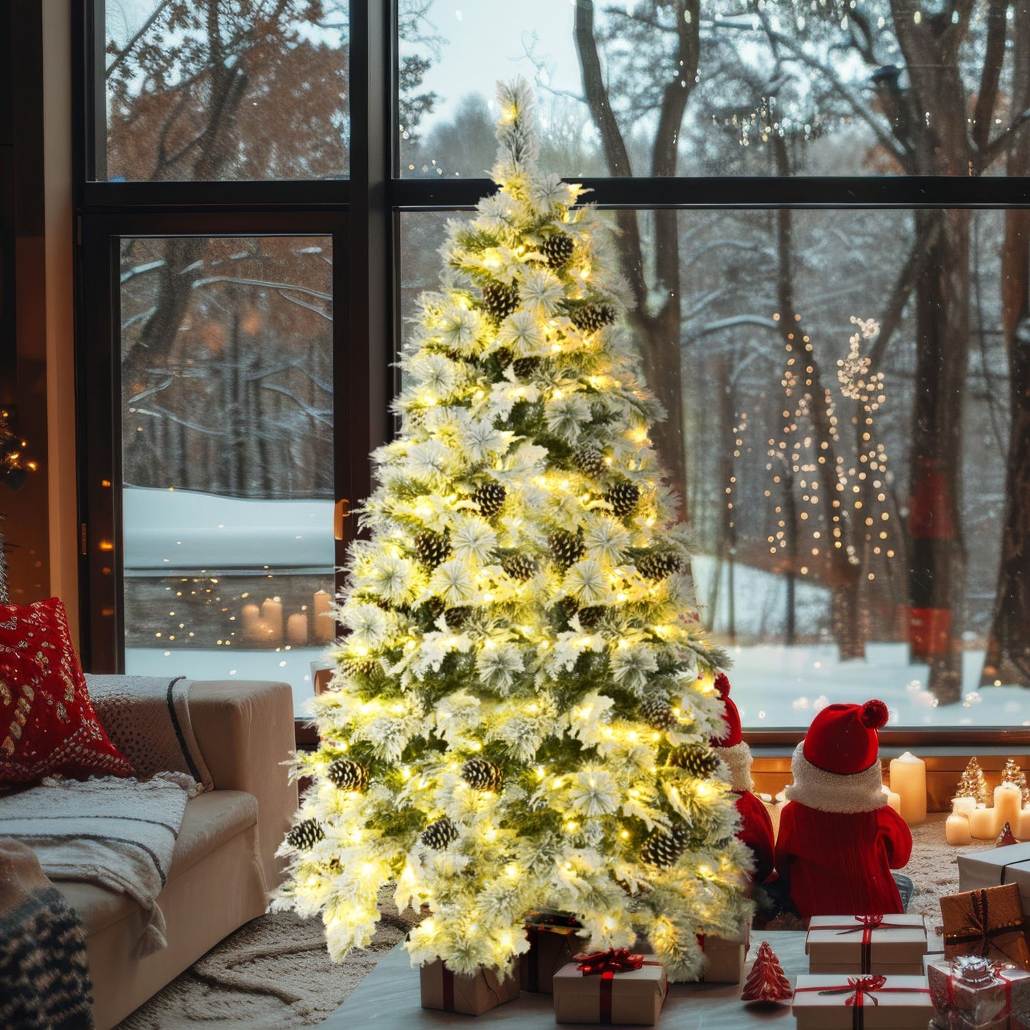 6ft pre-lit Christmas tree with snow flocking decorated with pine cones and glowing warm white lights in cozy living room