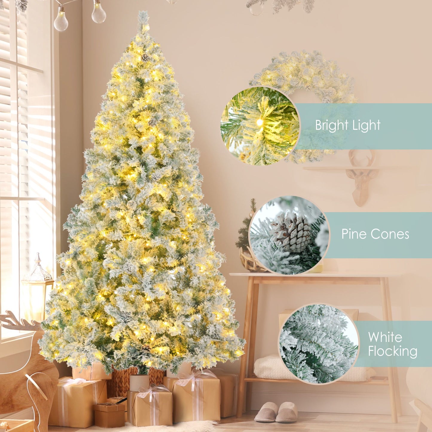 6ft snow flocked Christmas tree set with bright lights, pine cones, and white flocking in a cozy living room