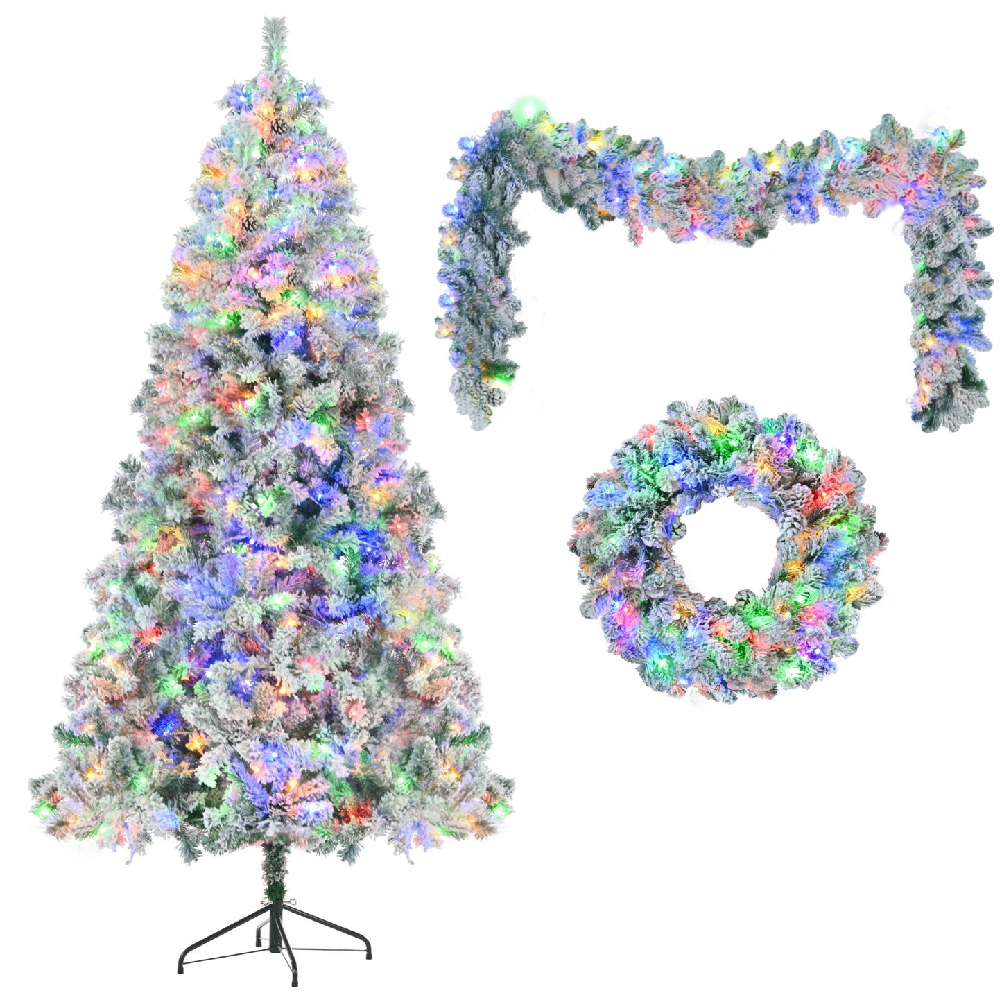 6ft snow flocked Christmas tree set with multicolor lights including tree, garland, and wreath