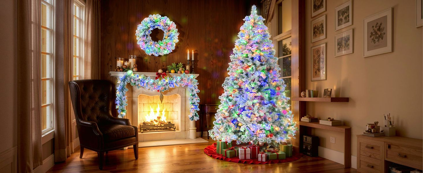 6ft snow flocked Christmas tree set decorated with colorful lights and ornaments in cozy living room