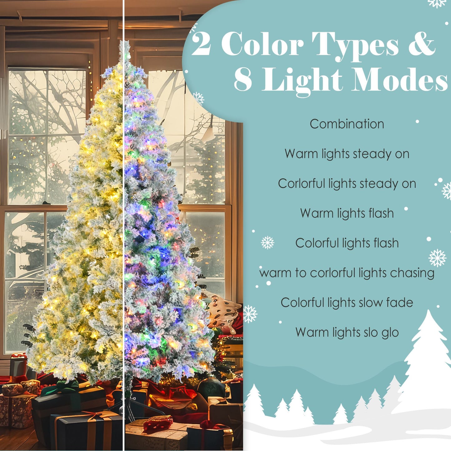 6ft snow flocked Christmas tree set with 2 color types and 8 light modes in cozy living room