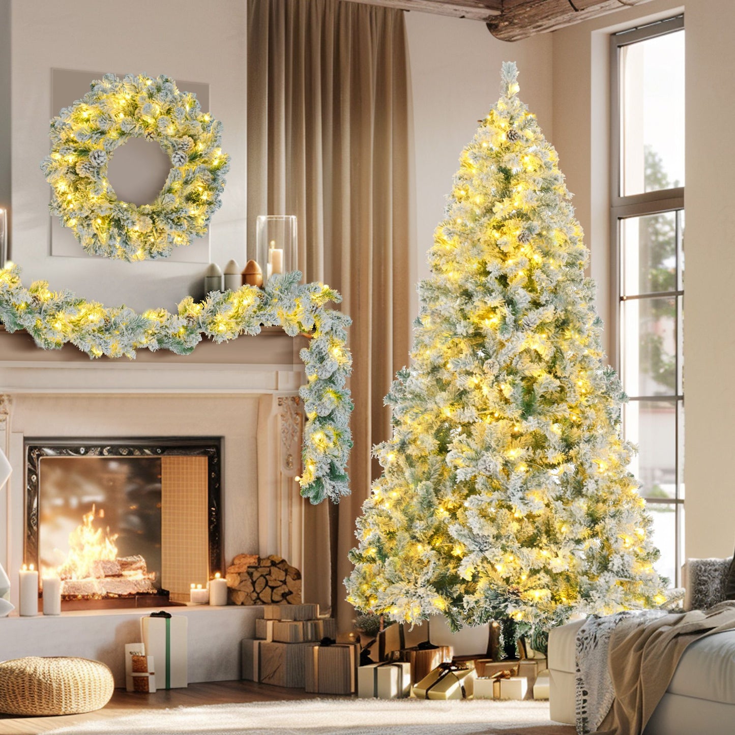 6ft snow flocked Christmas tree set with warm white lights, matching wreath and garland by FauxMart.com in cozy living room
