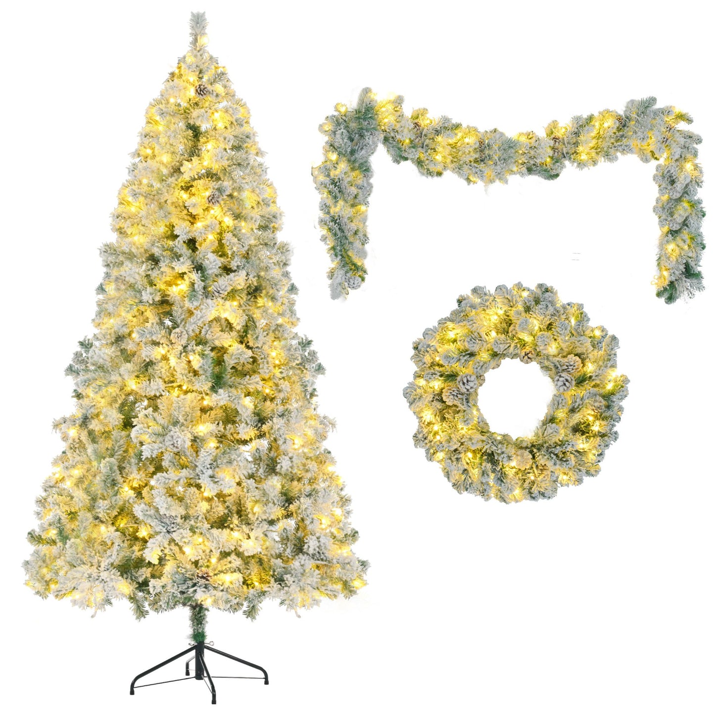 6ft snow flocked Christmas tree set with warm white lights including tree, garland, and wreath