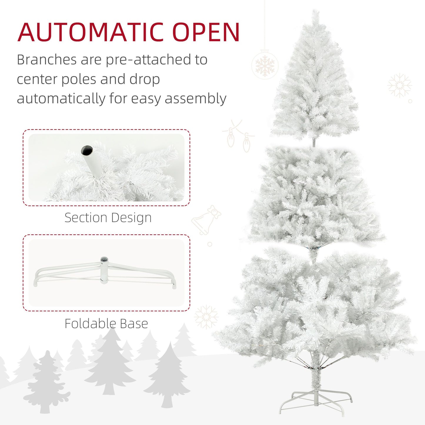 6ft white artificial Christmas tree with automatic open feature for easy assembly and foldable base