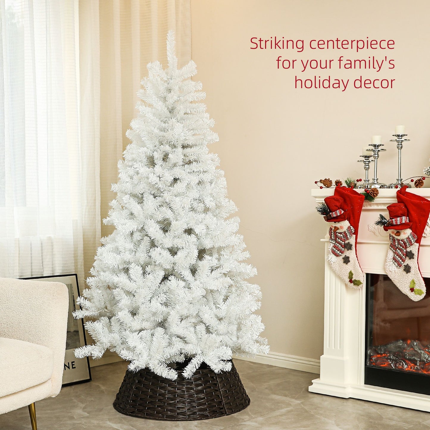 6ft white artificial Christmas tree decorated for holiday cheer in a cozy living room setting