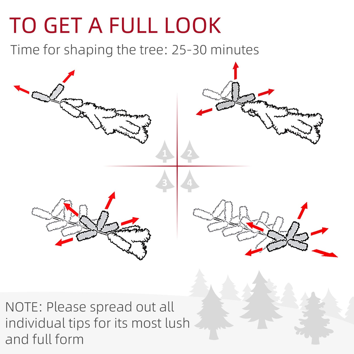 Instructions for shaping a 6ft white artificial Christmas tree for a full, lush appearance.