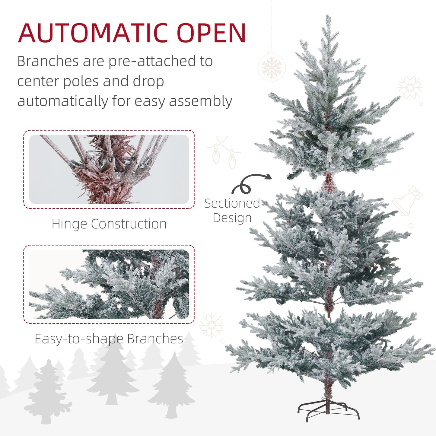 7.5ft snow flocked artificial Christmas tree with easy assembly and realistic branches
