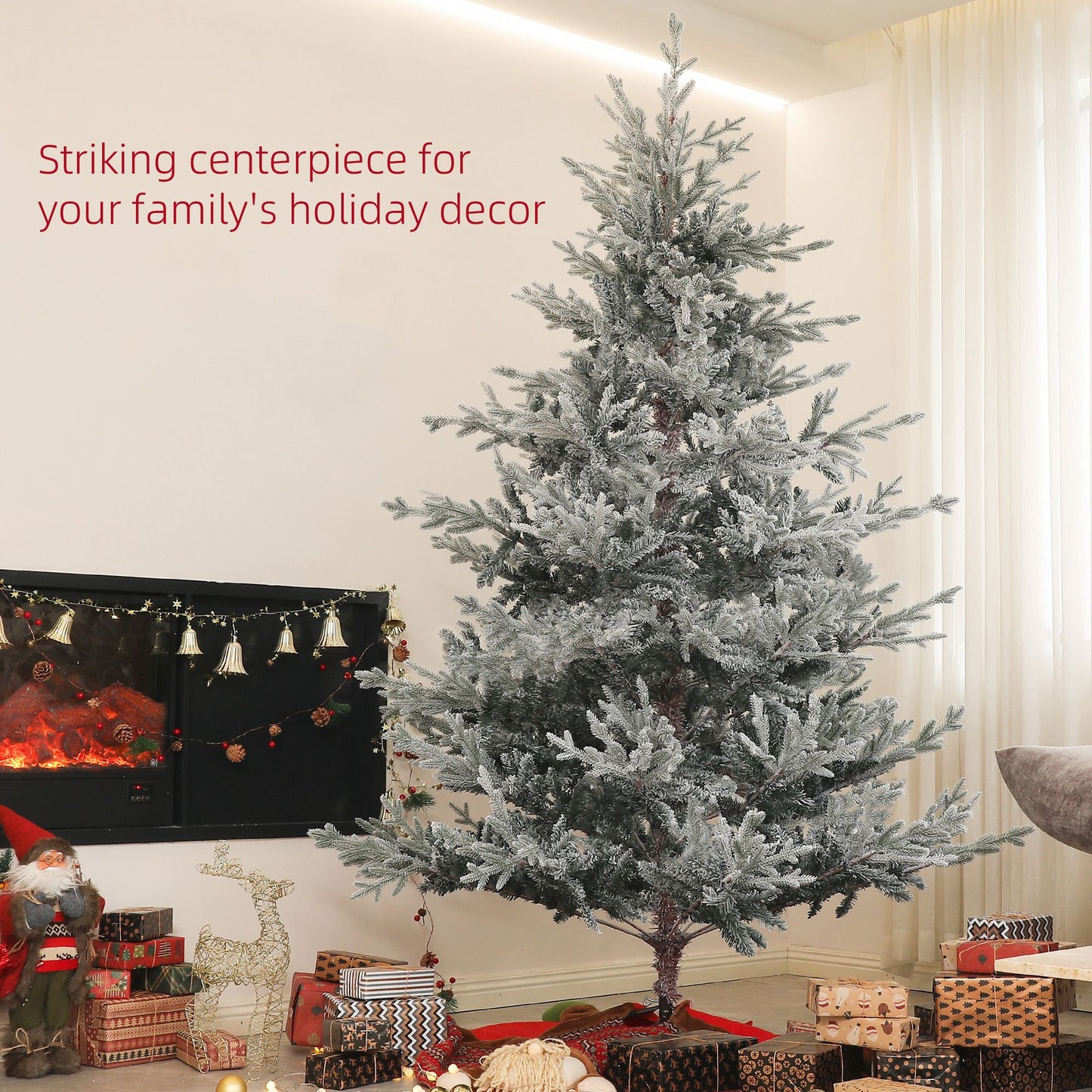 7.5ft snow flocked artificial Christmas tree as a striking centerpiece for your family's holiday decor