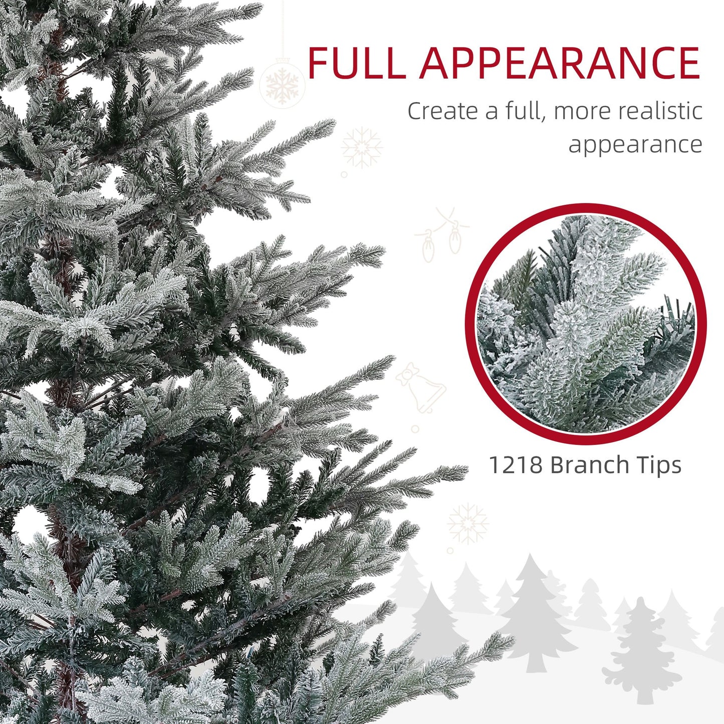 7.5ft snow flocked artificial Christmas tree featuring realistic branch tips for a full appearance
