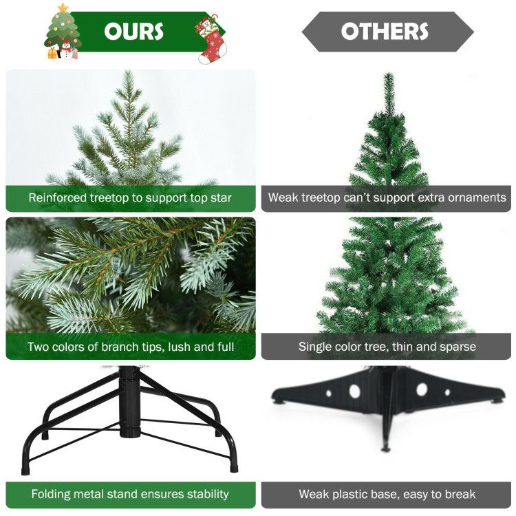 Comparison showing 7 foot artificial Christmas tree with reinforced treetop, two-tone branches, and folding metal stand