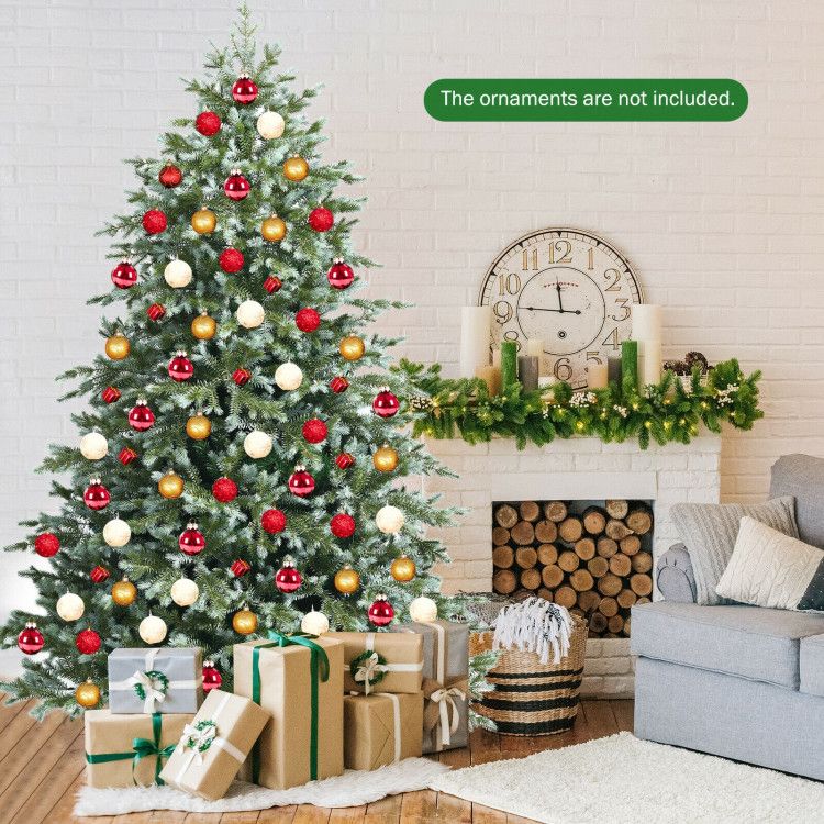7 foot artificial Christmas tree decorated with colorful ornaments beside wrapped gifts in a cozy living room