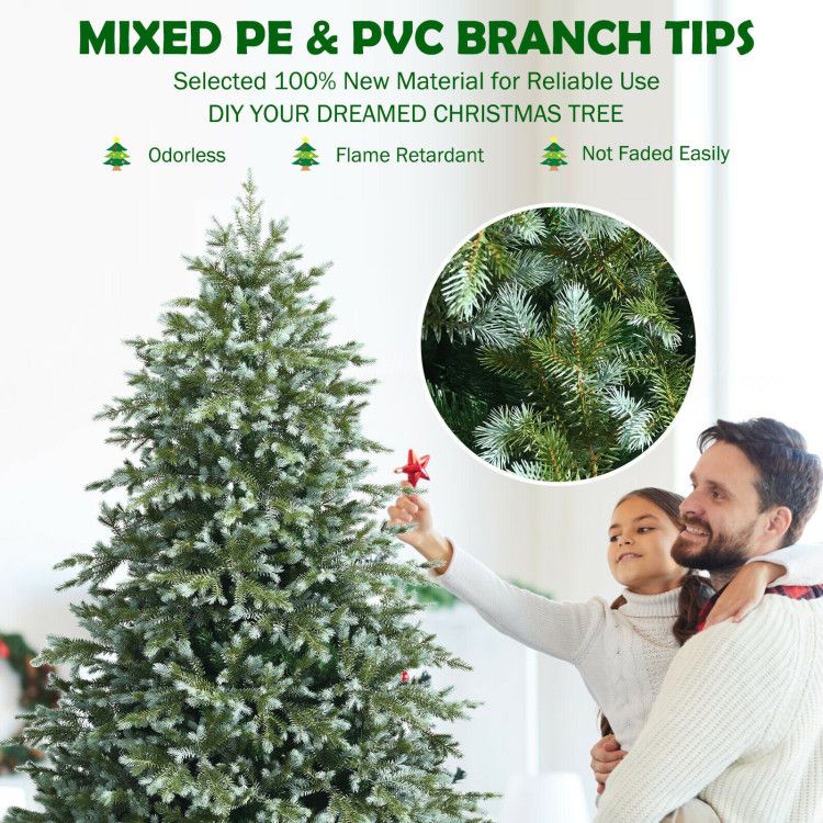 7 foot artificial Christmas tree with mixed PE and PVC branch tips shown with father and daughter decorating indoors