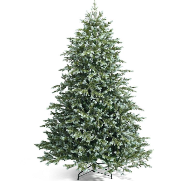 7 foot artificial Christmas tree with frosted green branches on metal stand from FauxMart.com