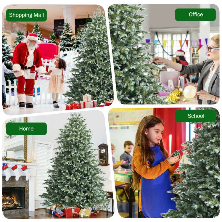 7 foot artificial Christmas tree displayed in shopping mall, office, home, and school settings with decorations