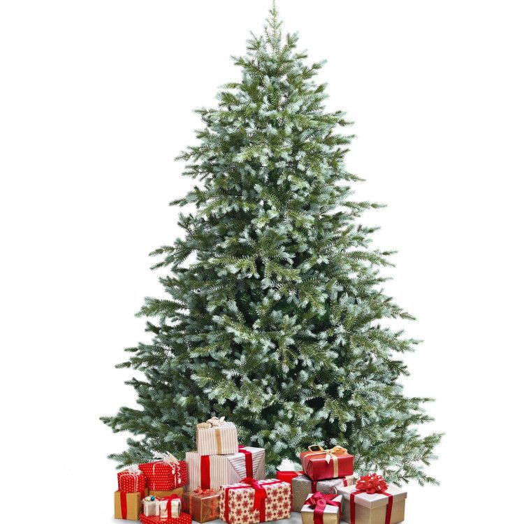 7 foot artificial Christmas tree with snow-flocked branches and assorted wrapped gifts underneath