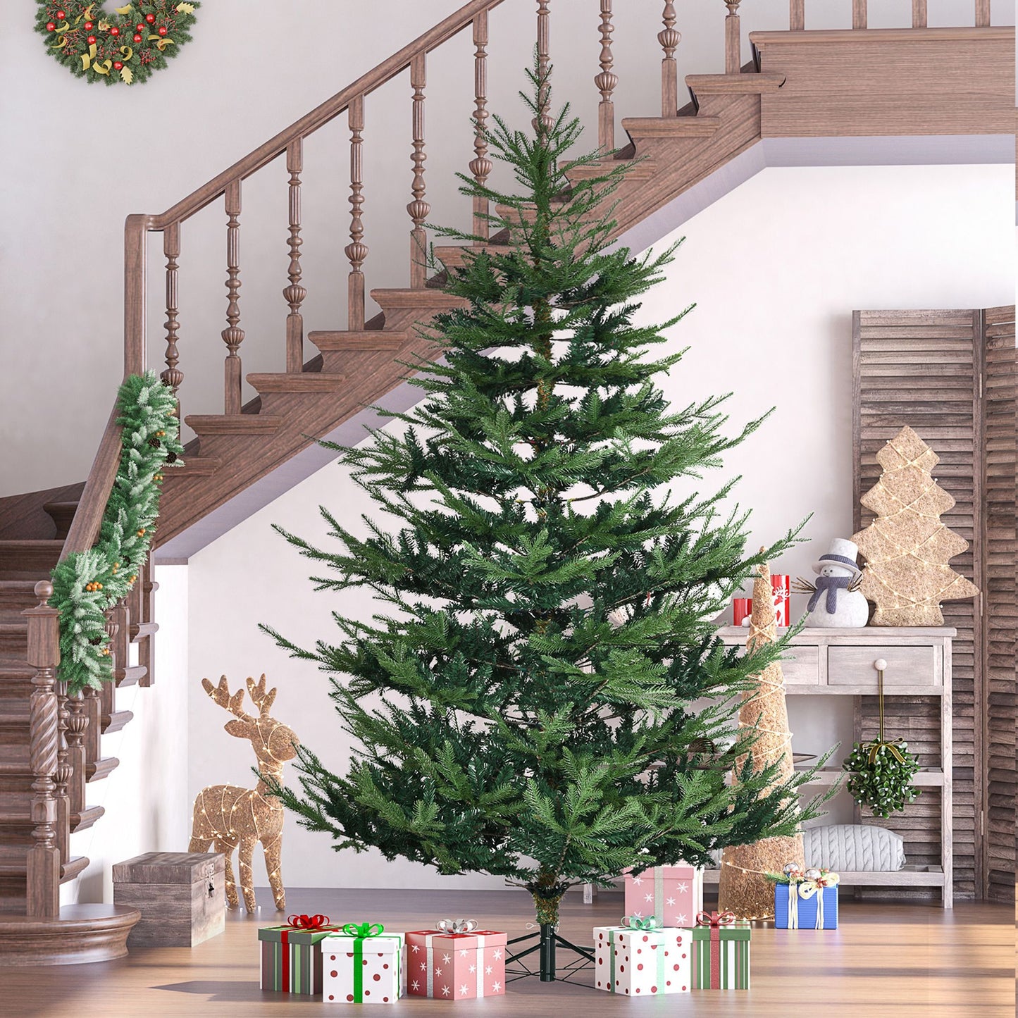 FauxMart.com 7.5 ft artificial Christmas tree set up in living room with presents and holiday decor