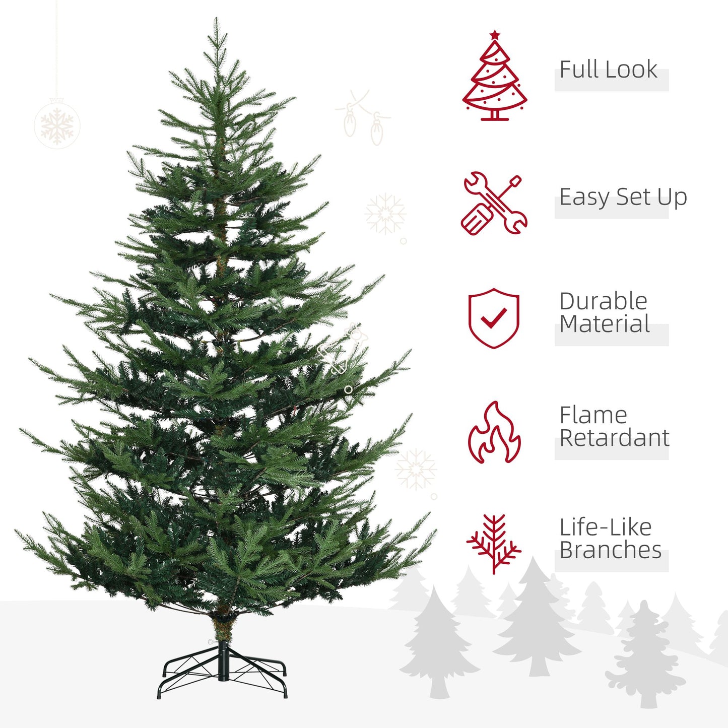 7.5 ft artificial Christmas tree with life-like branches and durable flame-retardant material from FauxMart.com