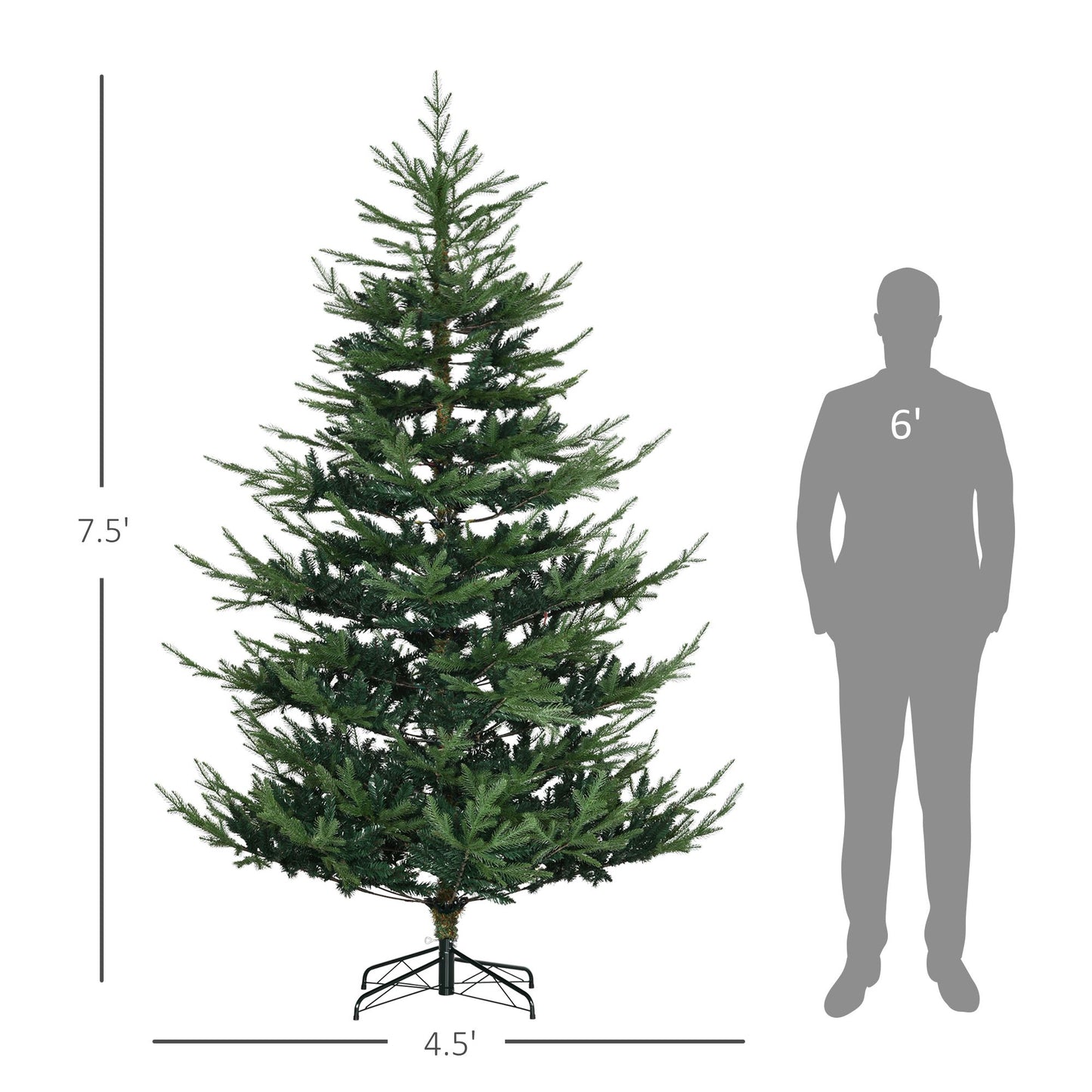 7.5 ft artificial Christmas tree with green branches and metal stand next to 6 ft human silhouette