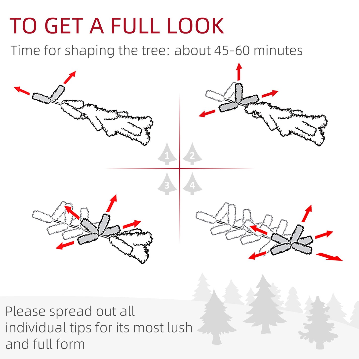 Instructional diagram showing how to shape branches of 7.5 ft prelit white Christmas tree for full and lush appearance