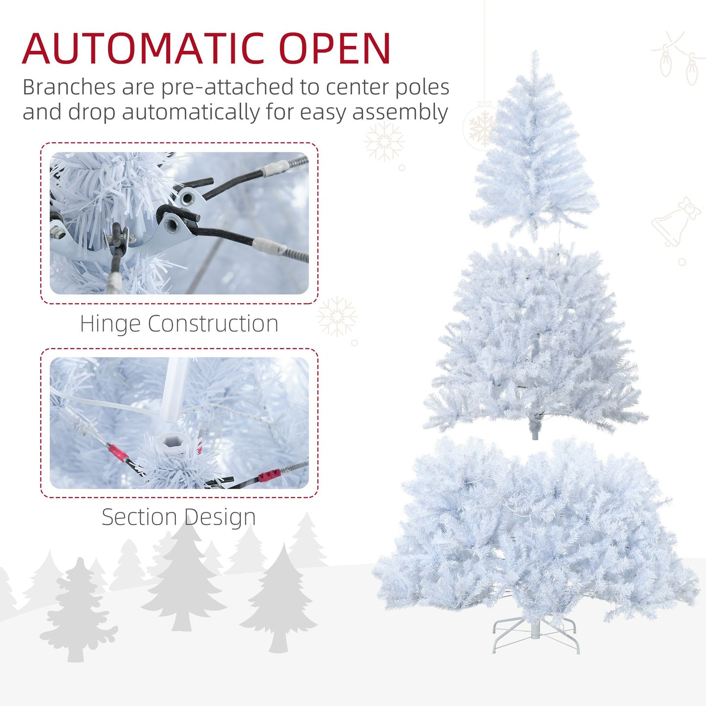7.5 ft prelit white Christmas tree with automatic open branches and hinge construction for easy assembly