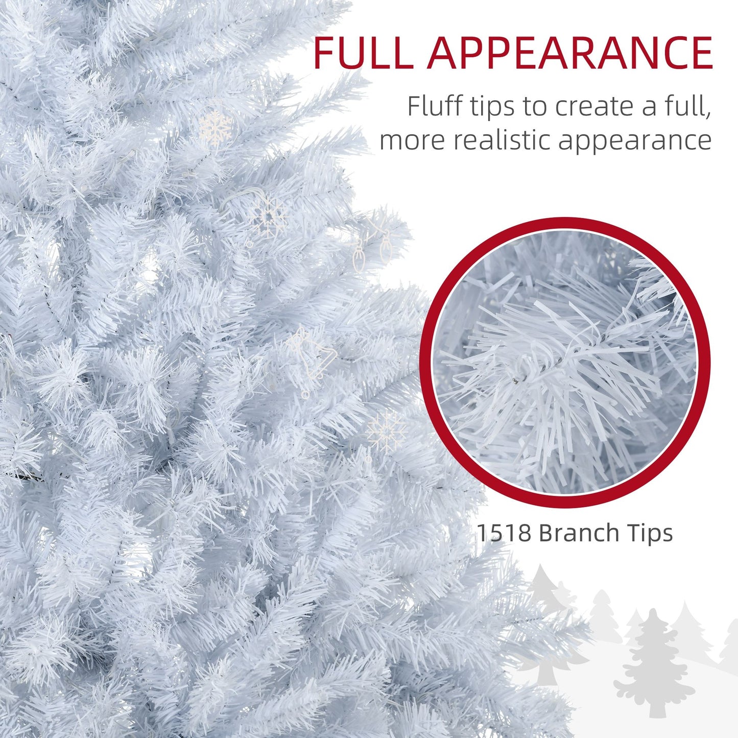 Close-up of 7.5 ft prelit white Christmas tree showing fluffy tips and 1518 branch tips for full appearance